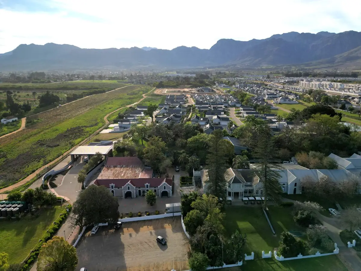 Aerial view of the secure estate entrance and heritage precinct