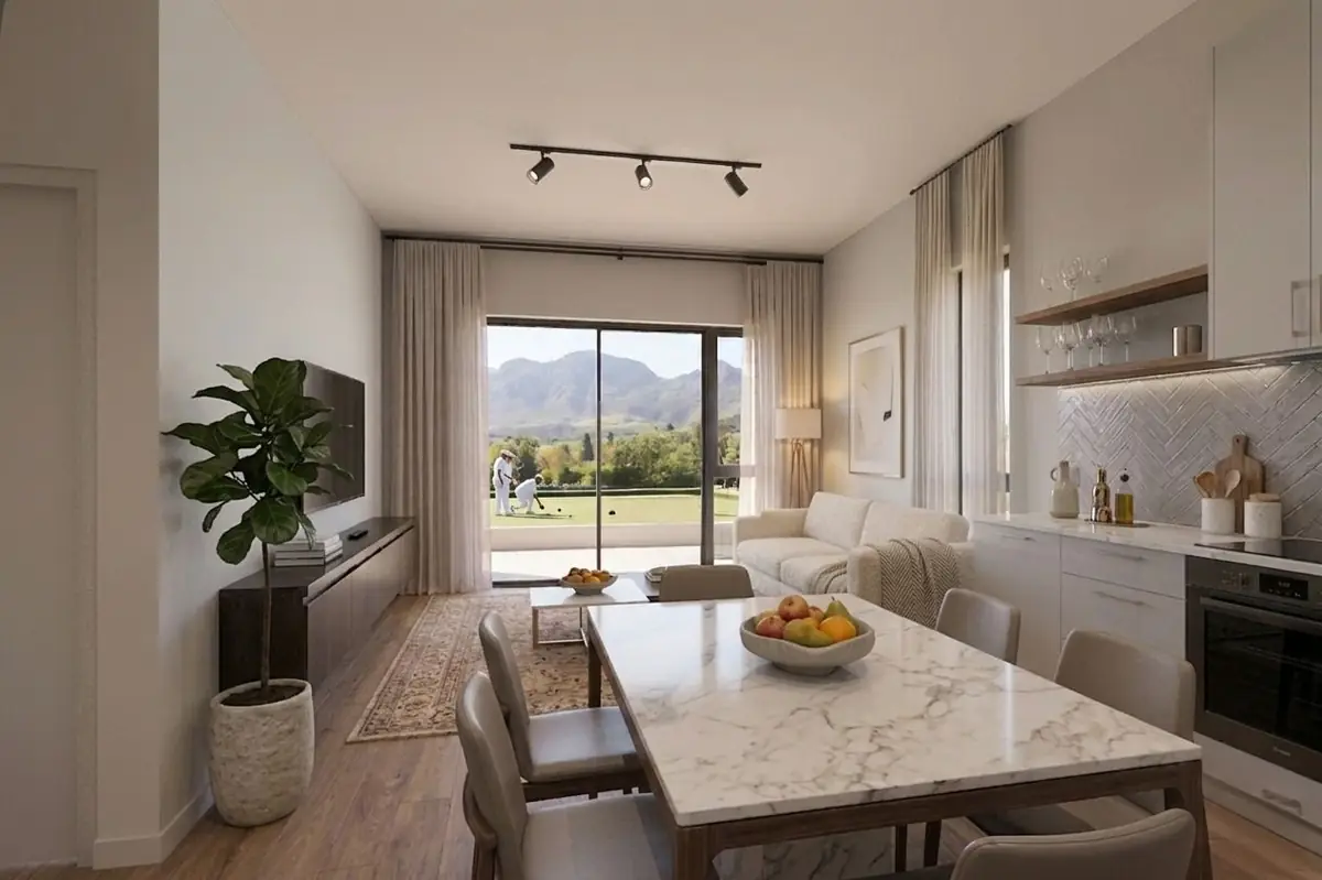 Render of a suite dining area opening onto a patio